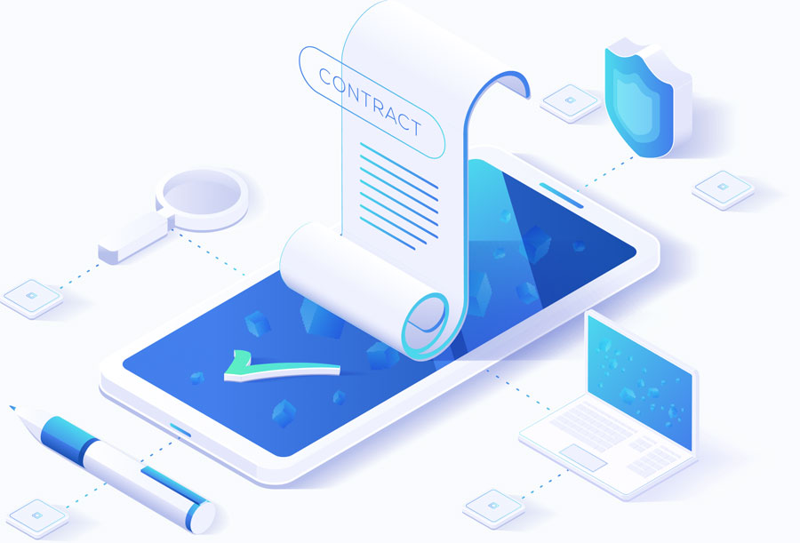 Illustration isométrique d’un contrat numérique sortant d’un smartphone, symbolisant le guide gratuit à télécharger
