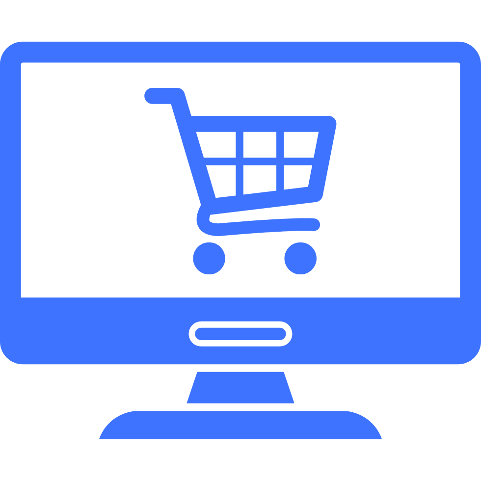 Icône écran d’ordinateur avec caddie : présence en ligne renforcée