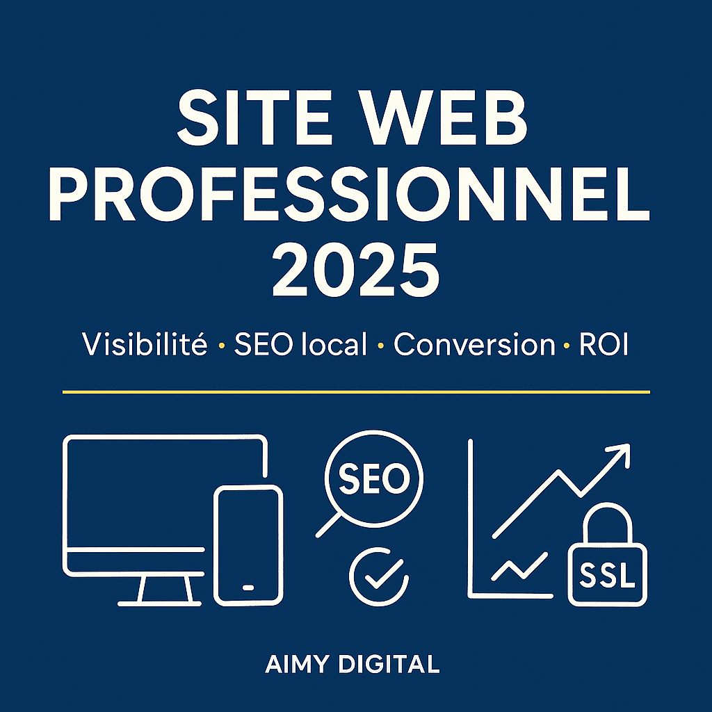 Site web professionnel 2025 — visuel carré Aimy Digital avec écran + smartphone, loupe SEO, courbe de croissance et cadenas SSL sur fond bleu.