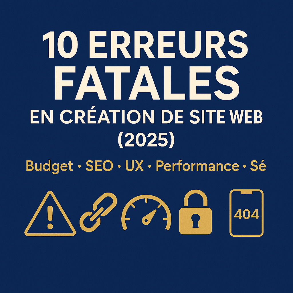 10 erreurs fatales en création de site web (2025) — visuel Aimy Digital au format carré, fond bleu, titres blancs et icônes or (warning, chaîne cassée, jauge de vitesse, cadenas, 404).