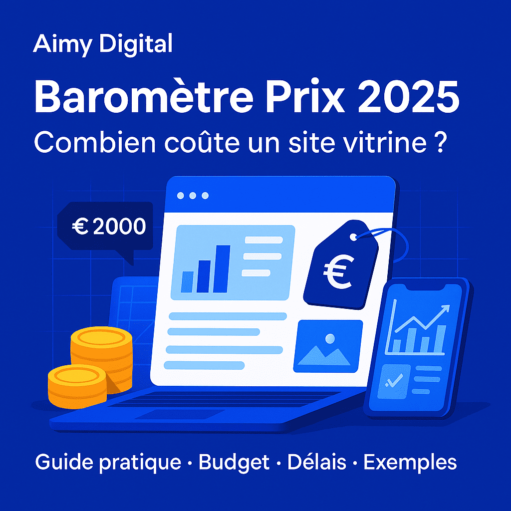 Combien coûte un site vitrine professionnel ? — visuel Aimy Digital avec calculatrice et étiquette de prix sur fond bleu.