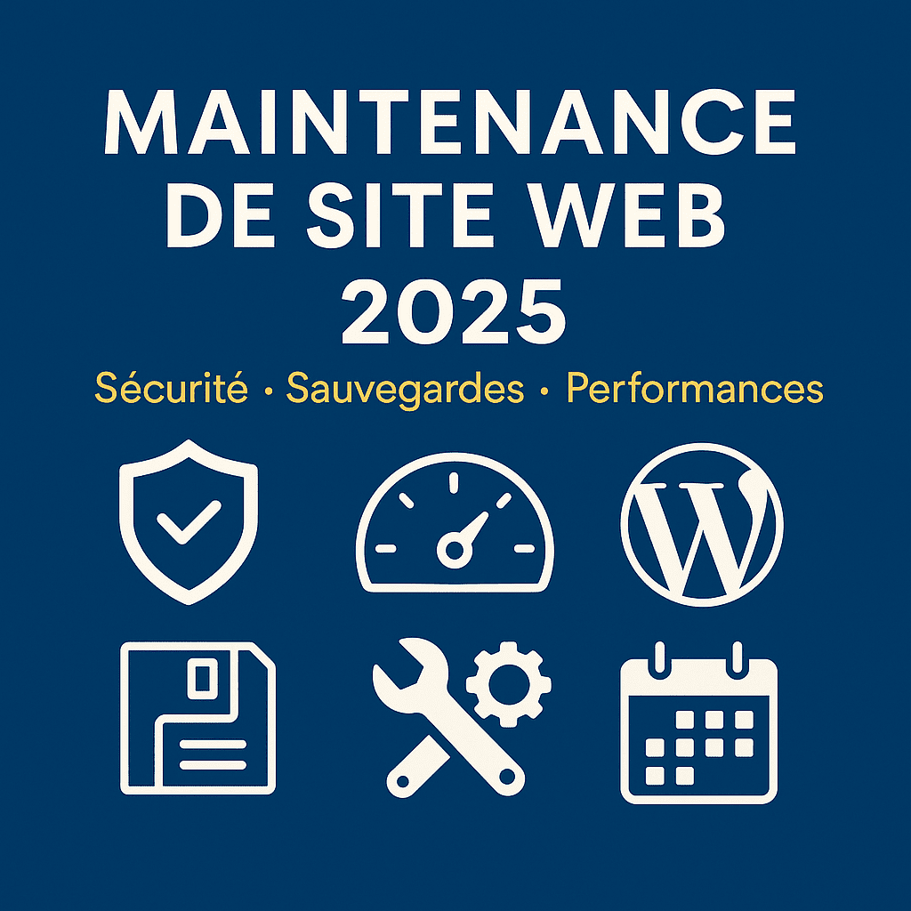 Maintenance de site web 2025 — visuel carré Aimy Digital avec titre, sous-titre « Sécurité • Sauvegardes • Performances » et icônes bouclier, disquette, jauge, clé/engrenage et “W” WordPress sur fond bleu.