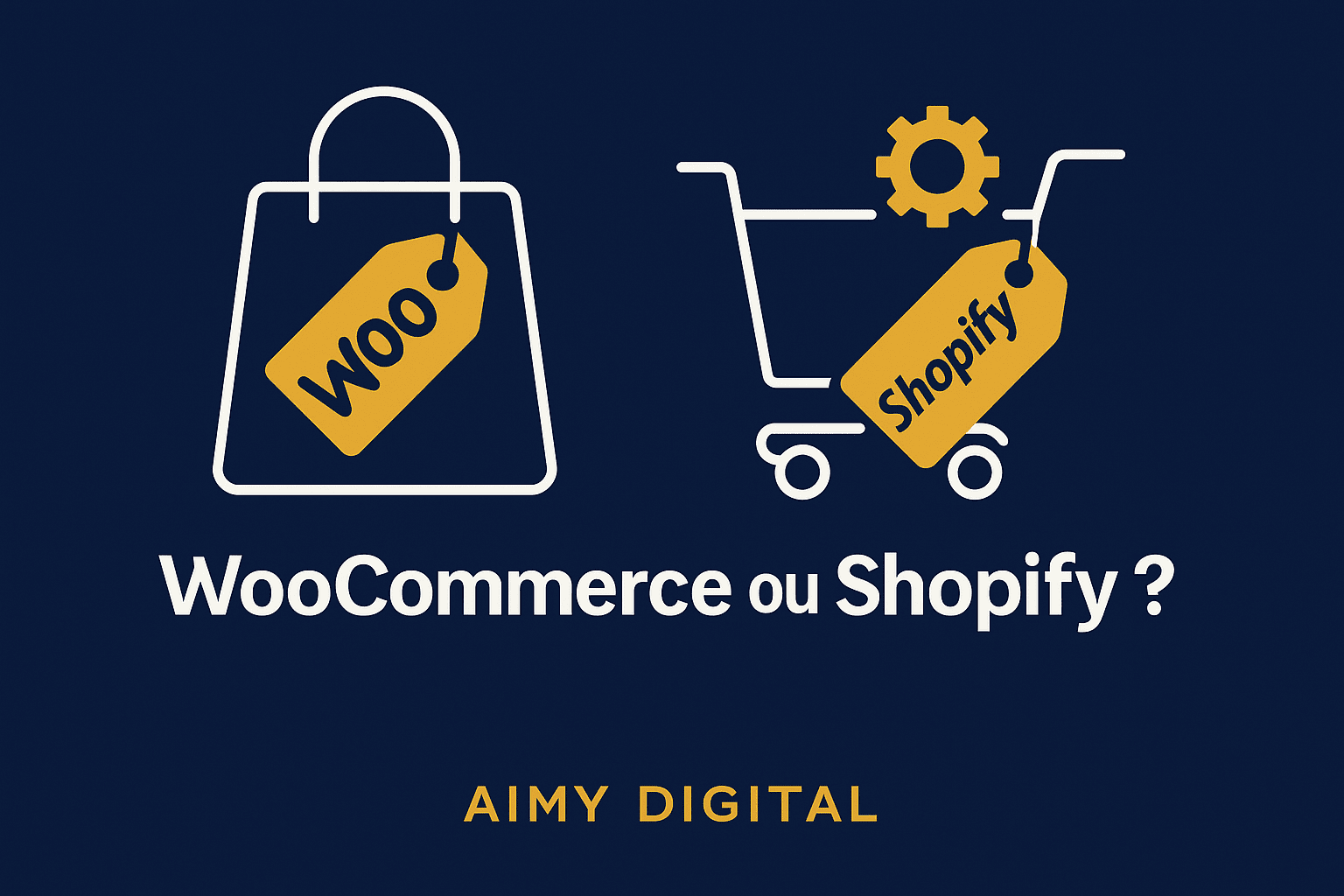 Comparatif e-commerce : visuel « WooCommerce ou Shopify ? » sur fond bleu, style Aimy Digital, avec sac et caddie stylisés et étiquettes de prix.
