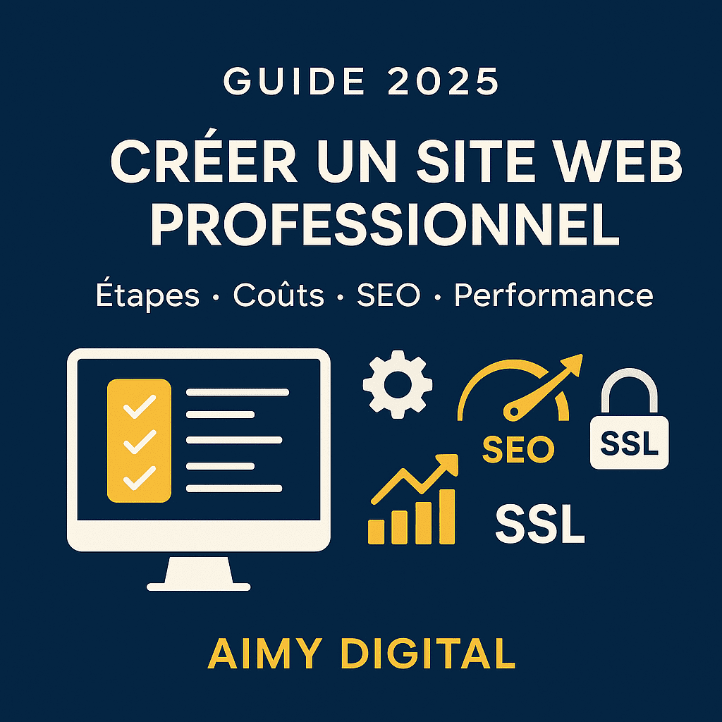 Guide 2025 — Créer un site web professionnel : visuel Aimy Digital sur fond bleu avec écran, checklist, icônes SEO, performance et cadenas SSL.