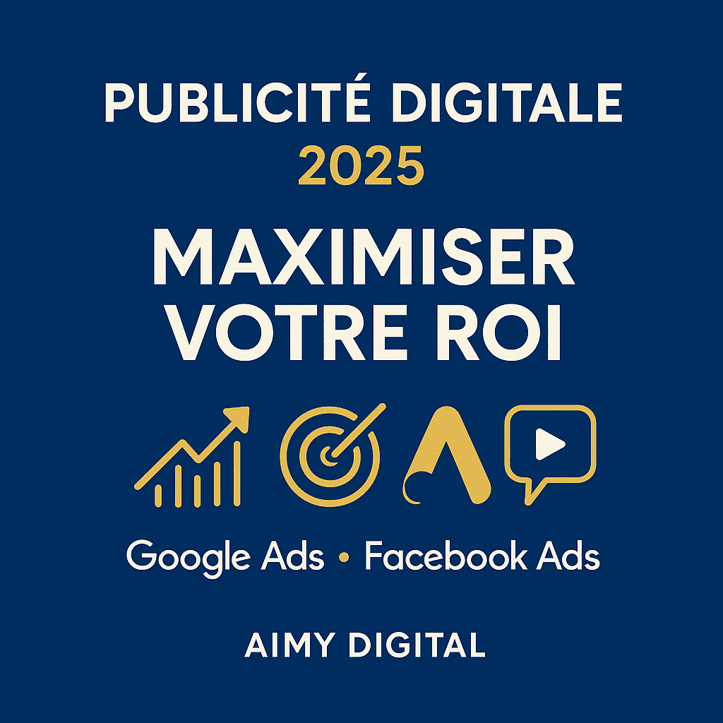 Publicité digitale 2025 — visuel carré Aimy Digital avec graphique de croissance, cible ROI et pictogrammes d’annonces recherche & social sur fond bleu.