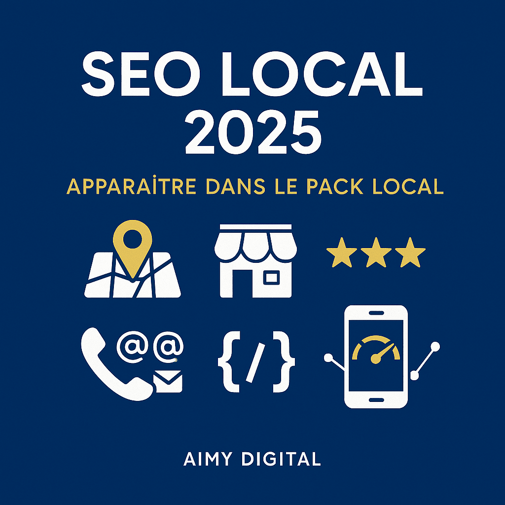 SEO local 2025 — visuel carré style Aimy Digital : pin de carte, fiche établissement, étoiles d’avis, NAP (téléphone/e-mail), balises { } (schema), smartphone avec jauge de performance sur fond bleu.